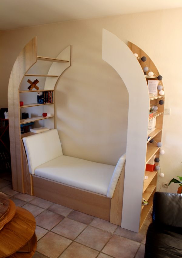 meridienne, bibliothèque, coussin fait main, caisson de rangement, confort, assise, concept, design, forme, couplage