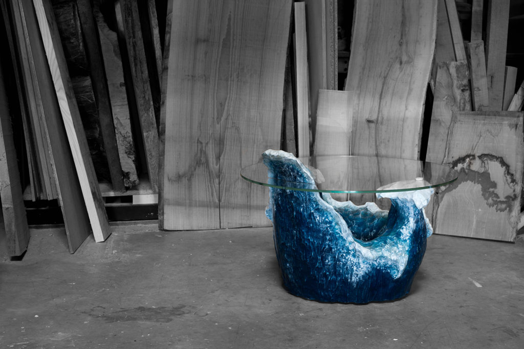 Aqua table basse vague texture pièce unique bois ébénisterie Silvestre & Rousselot S&R