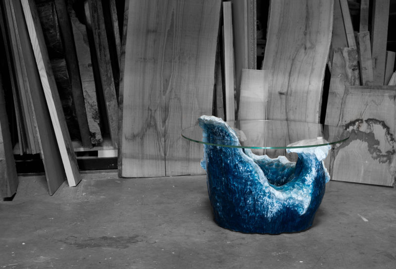 Aqua table basse vague texture pièce unique bois ébénisterie Silvestre & Rousselot S&R