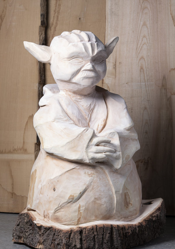 Sculpture, Yoda, bois, frêne, souche, tronçonneuse, gouge, made in France, local, circuit court