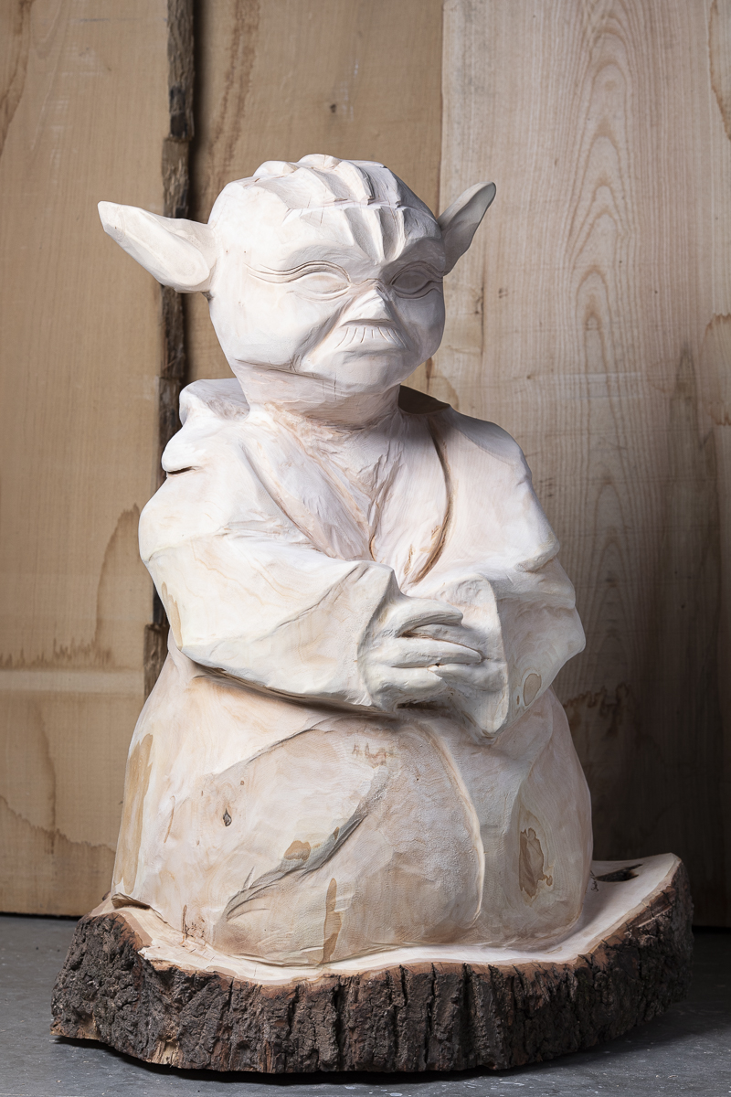Sculpture, Yoda, bois, frêne, souche, tronçonneuse, gouge, made in France, local, circuit court